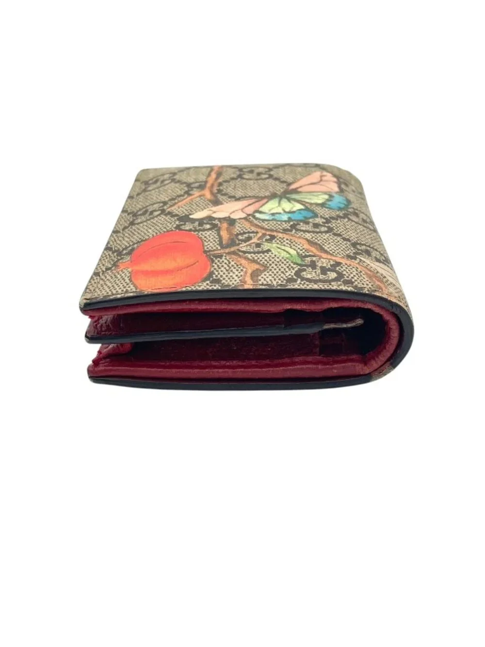 Gucci GG Supreme Tian Compact Wallet Mini Folding Leather Beige Multicolor Gold